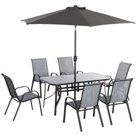 8 Pieces Outdoor Dining Table and Chairs, with Adjustable Table Umbrella, Fast-Drying Fabric, 6 Chairs and Dining Table, Grey
