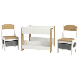 3PC Children's Table and Chairs Set, Kids Table and Chair with Reversible Desktop, Storage, Bookshelves, Natural Wood