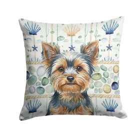 Blue and Tan Yorkshire Terrier Coastal Sea Glass Throw Pillow Decorative Indoor Outdoor Accent Cushion for Couch, Bed or Patio, 18Hx18W