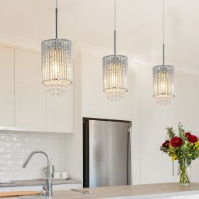 5" Modern Crystal Pendant Light 3-Pack Adjustable Chrome Hanging Ceiling Fixture with Clear Beads, Elegant Design for Kitchen Island, Dining Room