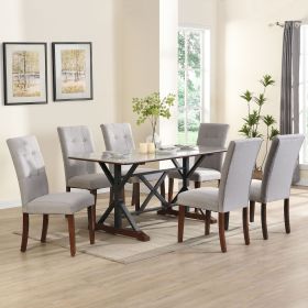7-piece Modern Dining Table Set, Gray Sintered Stone Dining Table with 6 Tufted Upholstered Chairs, 63-inch Rectangle Dining Table for Dining Roo