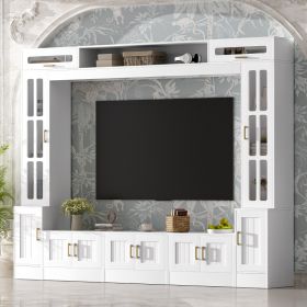 VIBE HAUS 98.4 W Wall Unit Entertainment Center With Bookshelves For TVs Up To 80, Modern TV Stand Media Console With Cabinets, Tempered Glass Do (Option: WHITE)