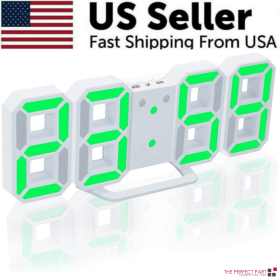 Digital 3D LED Big Wall Desk Alarm Clock Snooze 12/24 Hours Auto Brightness USB (Color: Green)