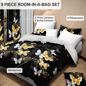 9-Piece Black & Gold Butterfly Bedding & Curtain Set (Queen/King/Cal King) - Quilted Microfiber Bedspread + Sheer Curtains (Color: black/gold butterfly, size: TWIN)