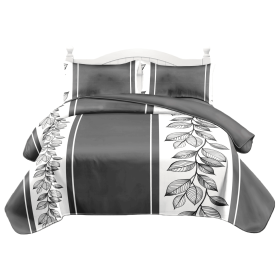 3-Piece Charcoal Grey & White Botanical Quilt Set, Modern Leaf Vine Striped Bedspread with 2 Shams, Lightweight Reversible Coverlet (Color: Charcoal Grey & White Botanical, size: KING)