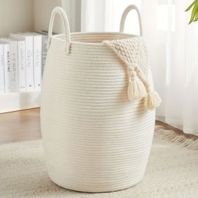 1pc Foldable Boho Laundry Basket - 22" Tall Oval Fabric Hamper with Long Handles & Decorative Tassels, Texture Design for Bedroom, Bathroom (Color: White, number: 1pcs)
