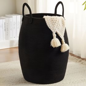 1pc Foldable Boho Laundry Basket - 22" Tall Oval Fabric Hamper with Long Handles & Decorative Tassels, Texture Design for Bedroom, Bathroom (Color: Black, number: 1pcs)